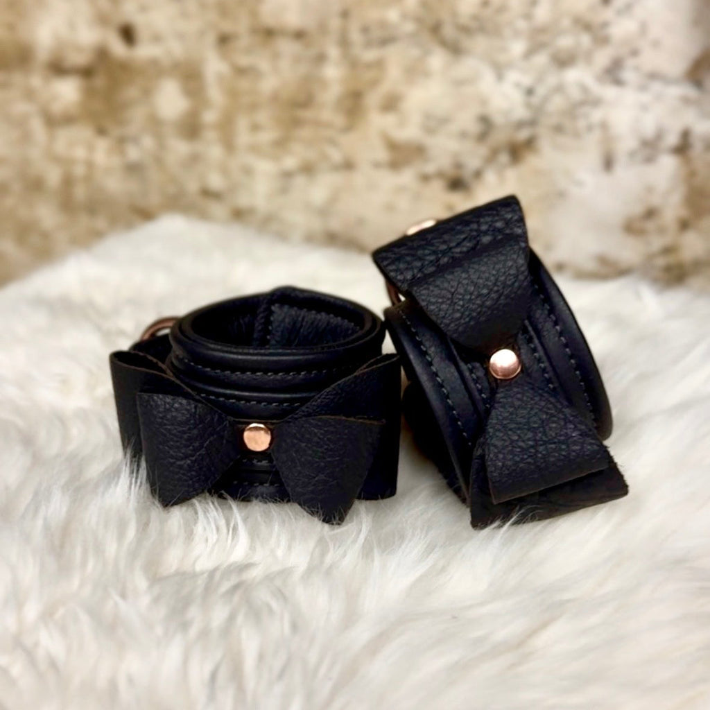 Bow Sunridge Leather Cuffs - Black & Rose Gold