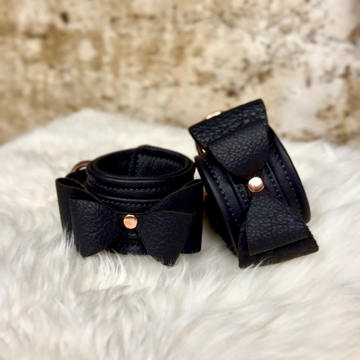 Bow Sunridge Leather Cuffs - Black & Rose Gold