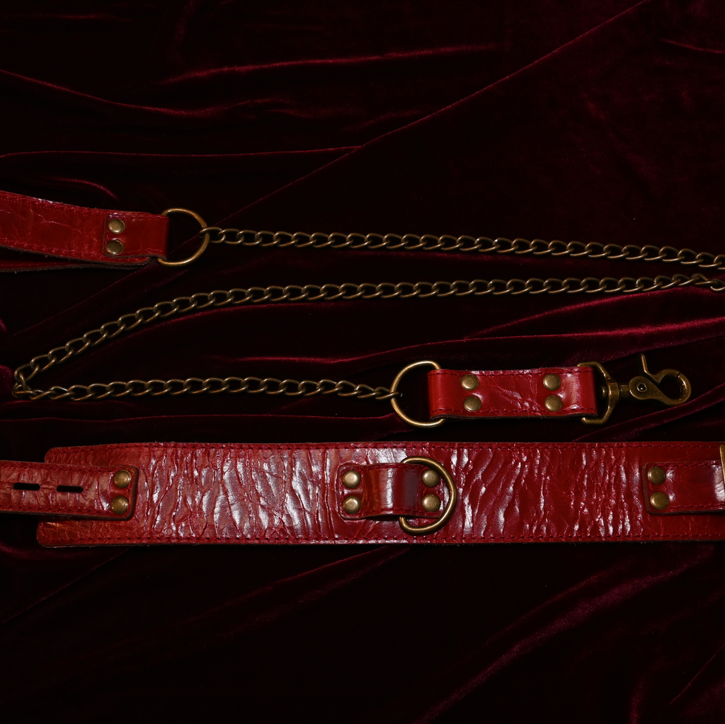 Crimson Antique Collar and Leash set with matching ankle and wrist cuffs image 4