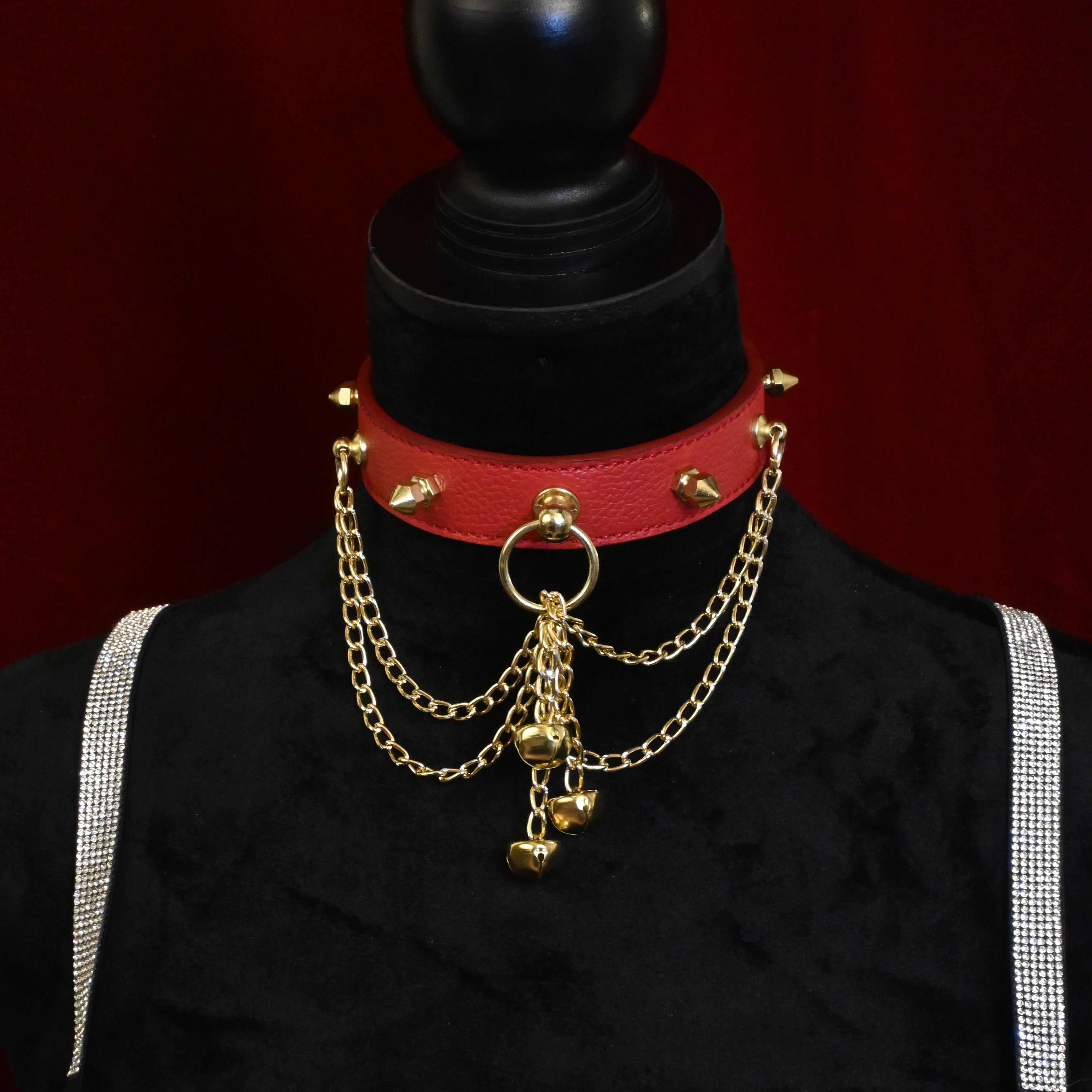 Crimson Leather Spikes and Bells Collar