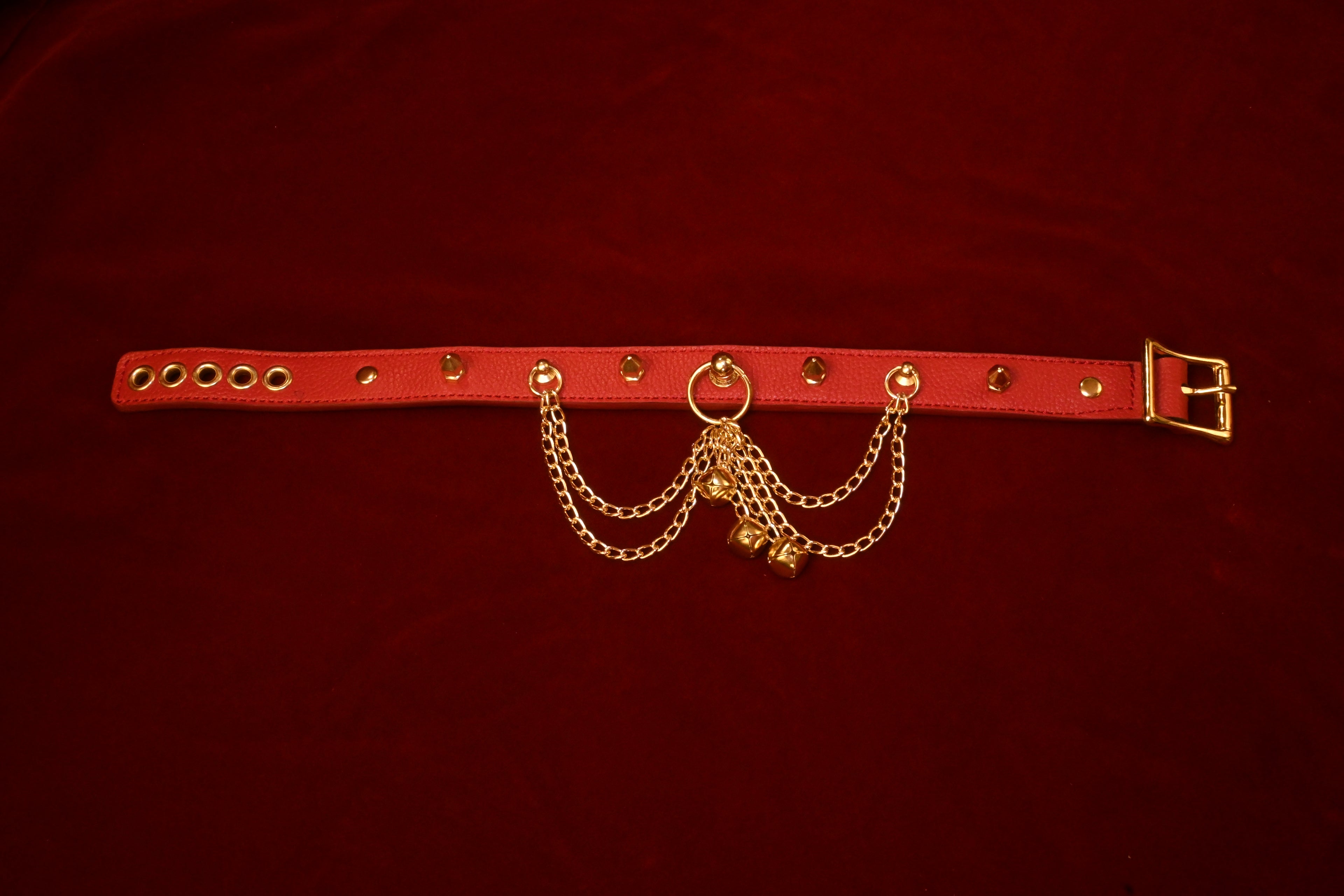 Crimson Leather Spikes and Bells Collar