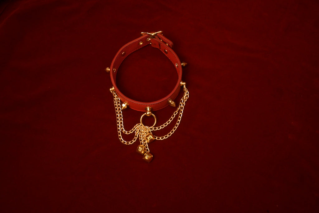 Crimson Leather Spikes and Bells Collar