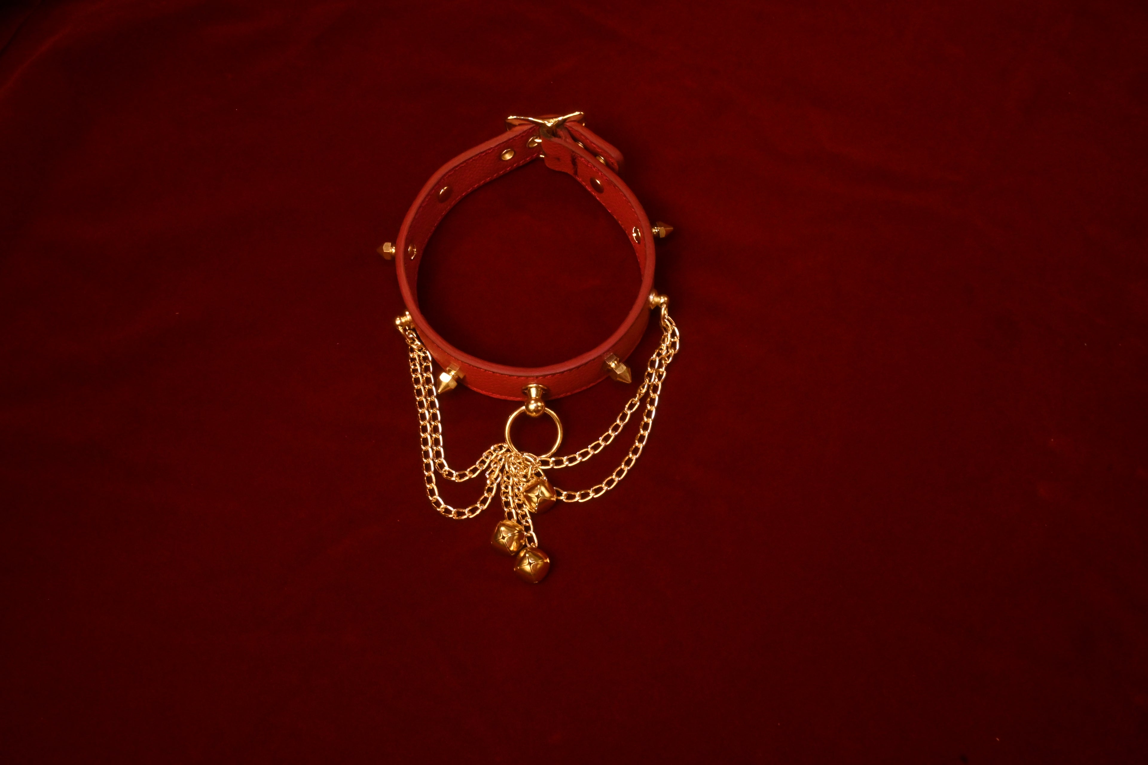 Crimson Leather Spikes and Bells Collar
