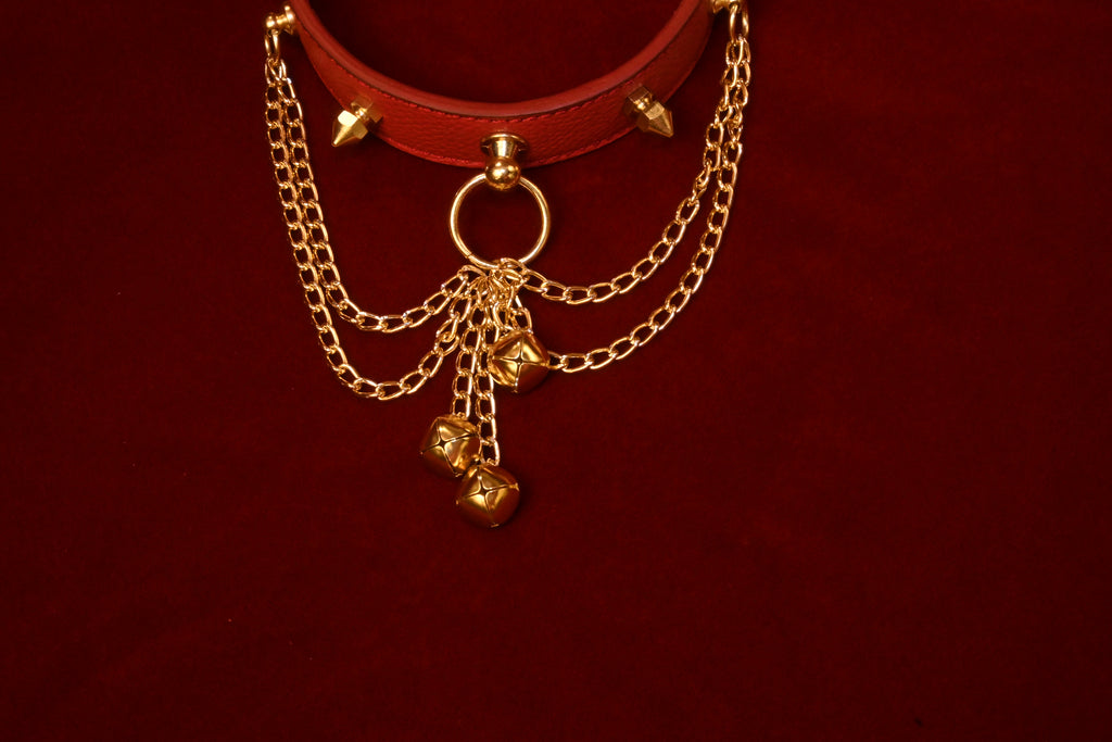 Crimson Leather Spikes and Bells Collar