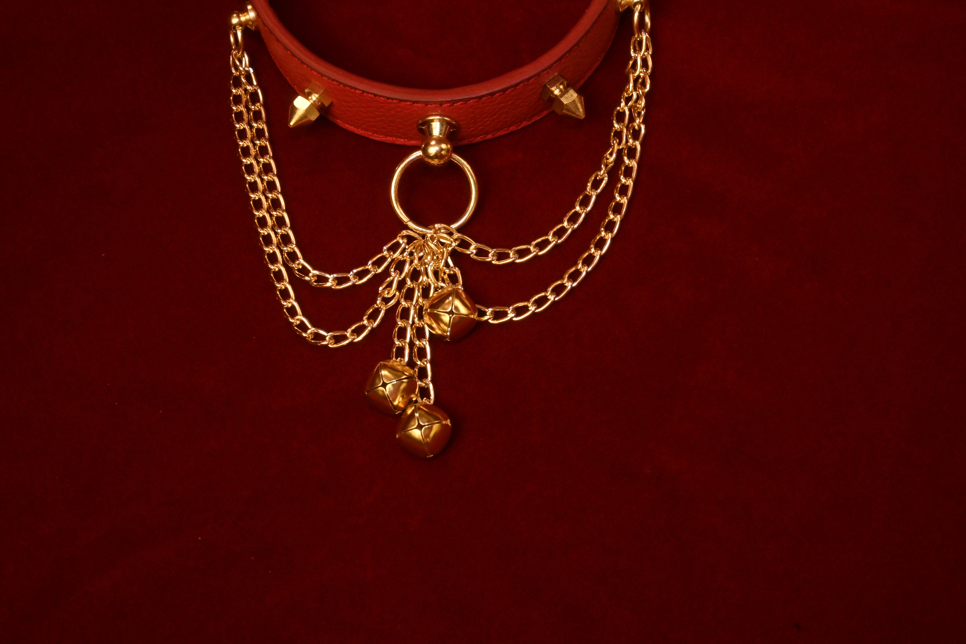 Crimson Leather Spikes and Bells Collar