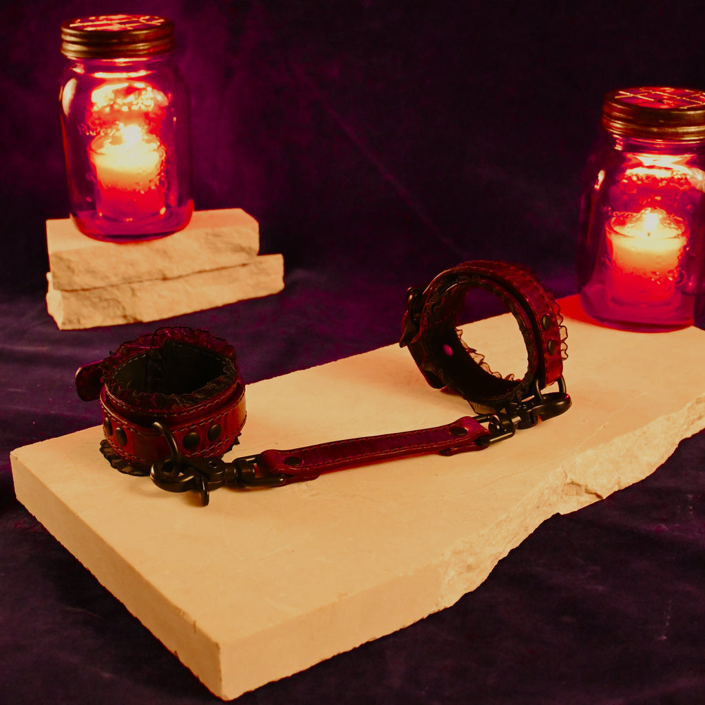 Volcano Leather and Black Ruffle Wrist Cuffs - Red Wine