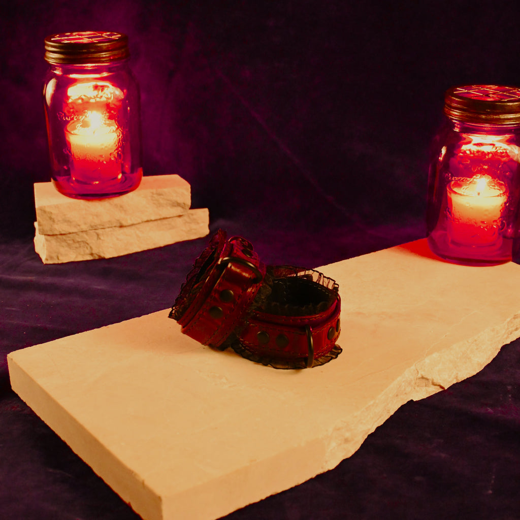 Volcano Leather and Black Ruffle Wrist Cuffs - Red Wine