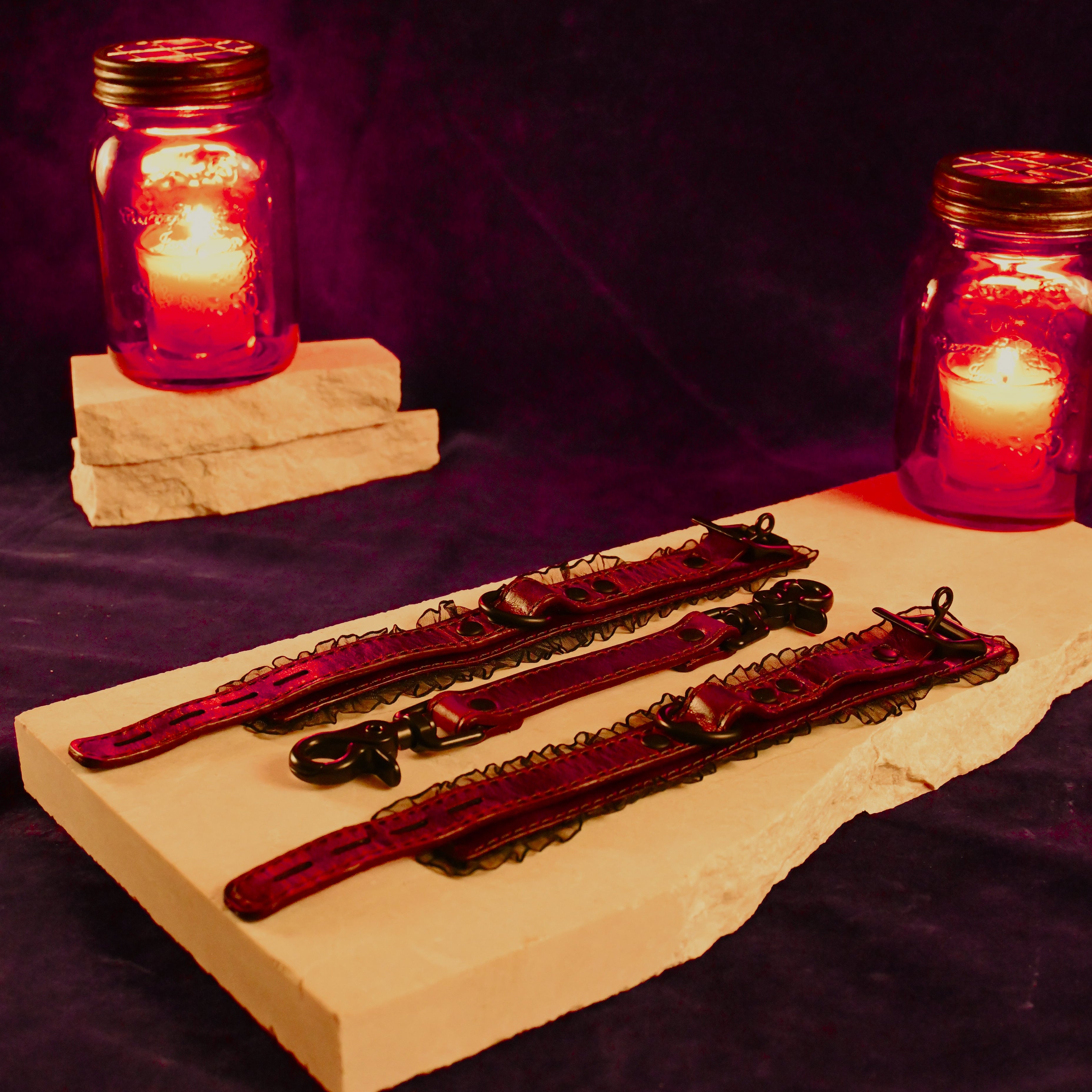 Deep Red Wine Leather and Black Ruffle Wrist Cuffs