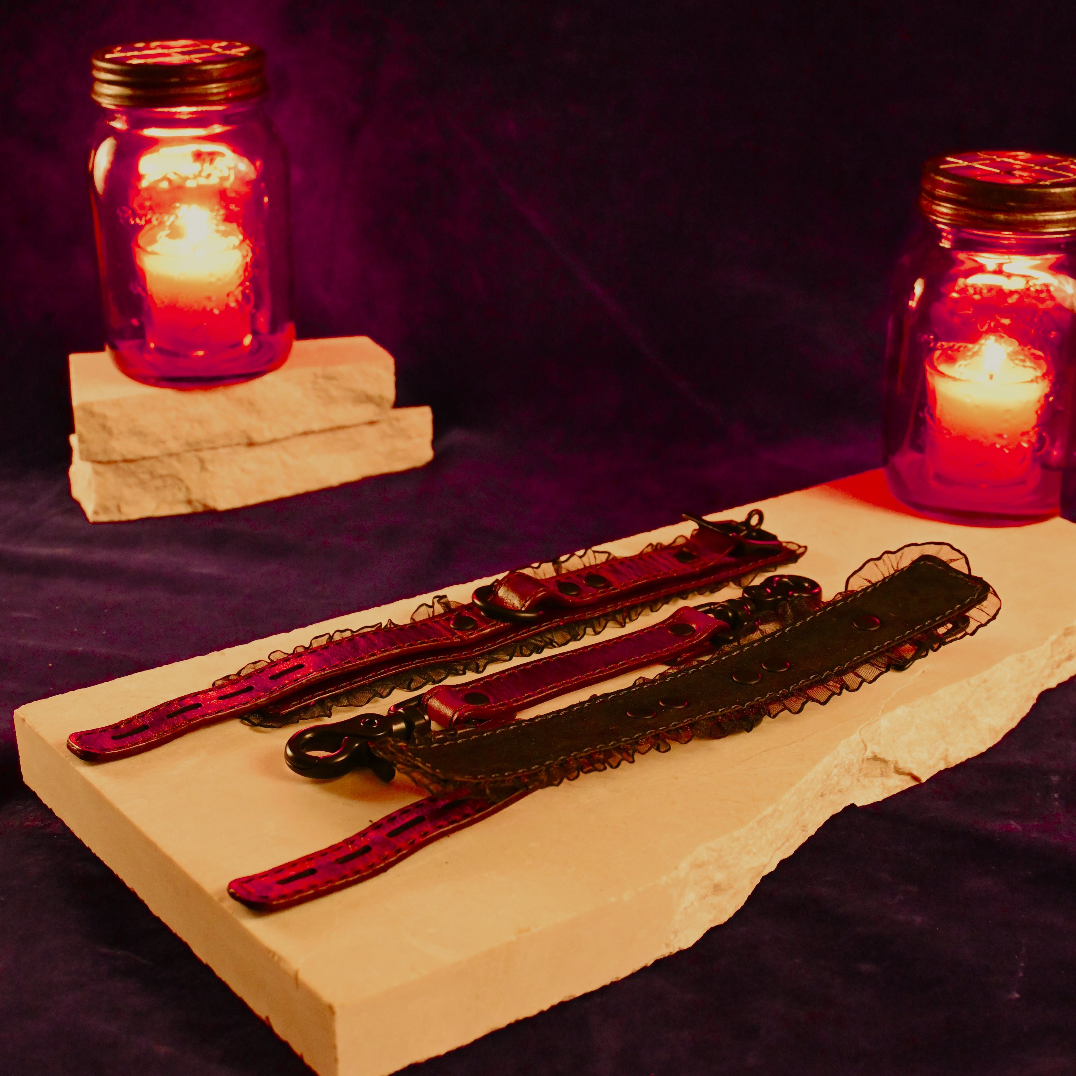 Deep Red Wine Leather and Black Ruffle Wrist Cuffs