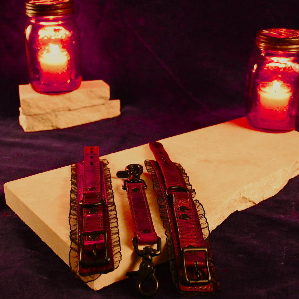 Volcano Leather and Black Ruffle Wrist Cuffs - Red Wine