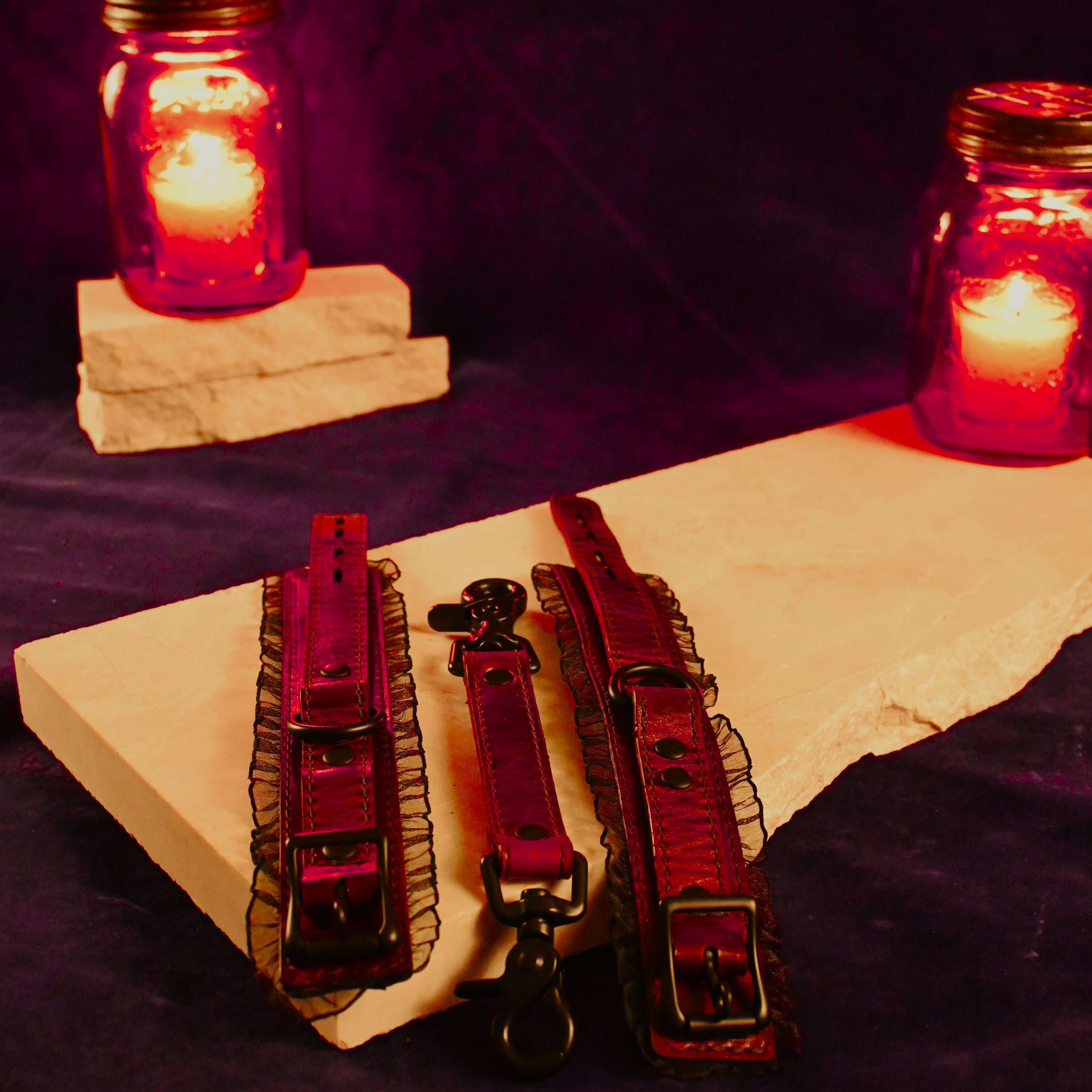 Deep Red Wine Leather and Black Ruffle Wrist Cuffs