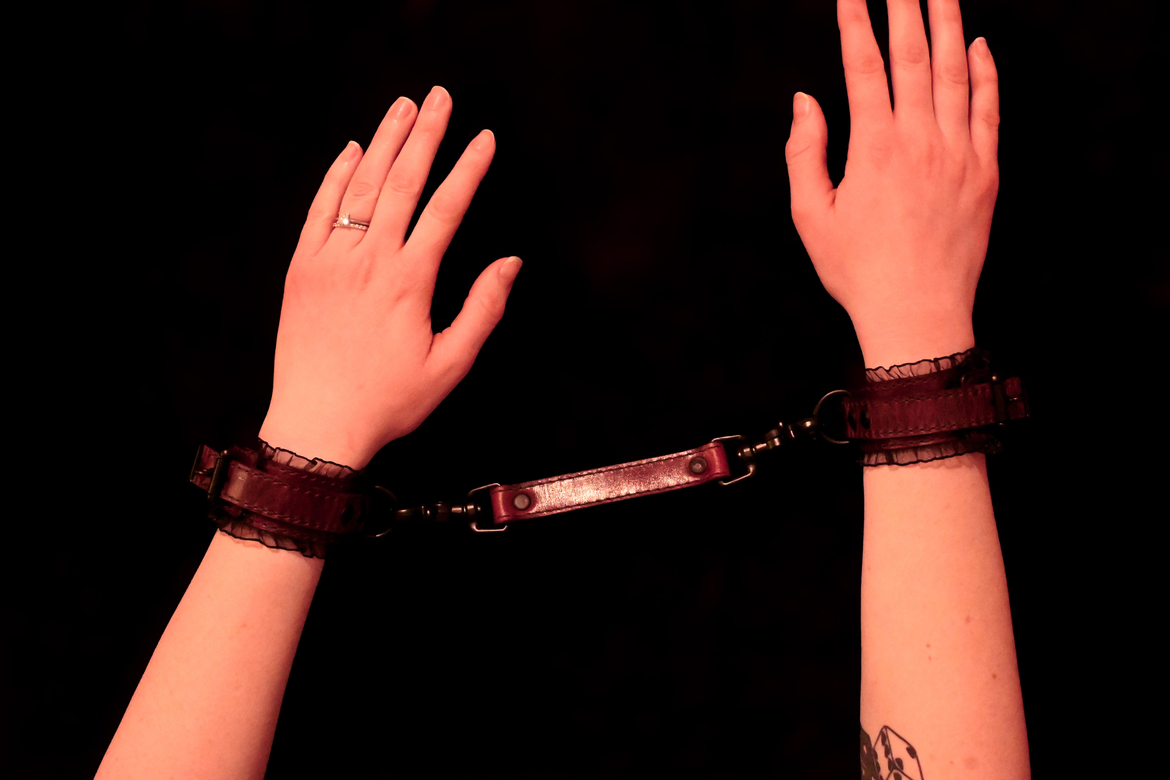 Volcano Leather and Black Ruffle Wrist Cuffs - Red Wine