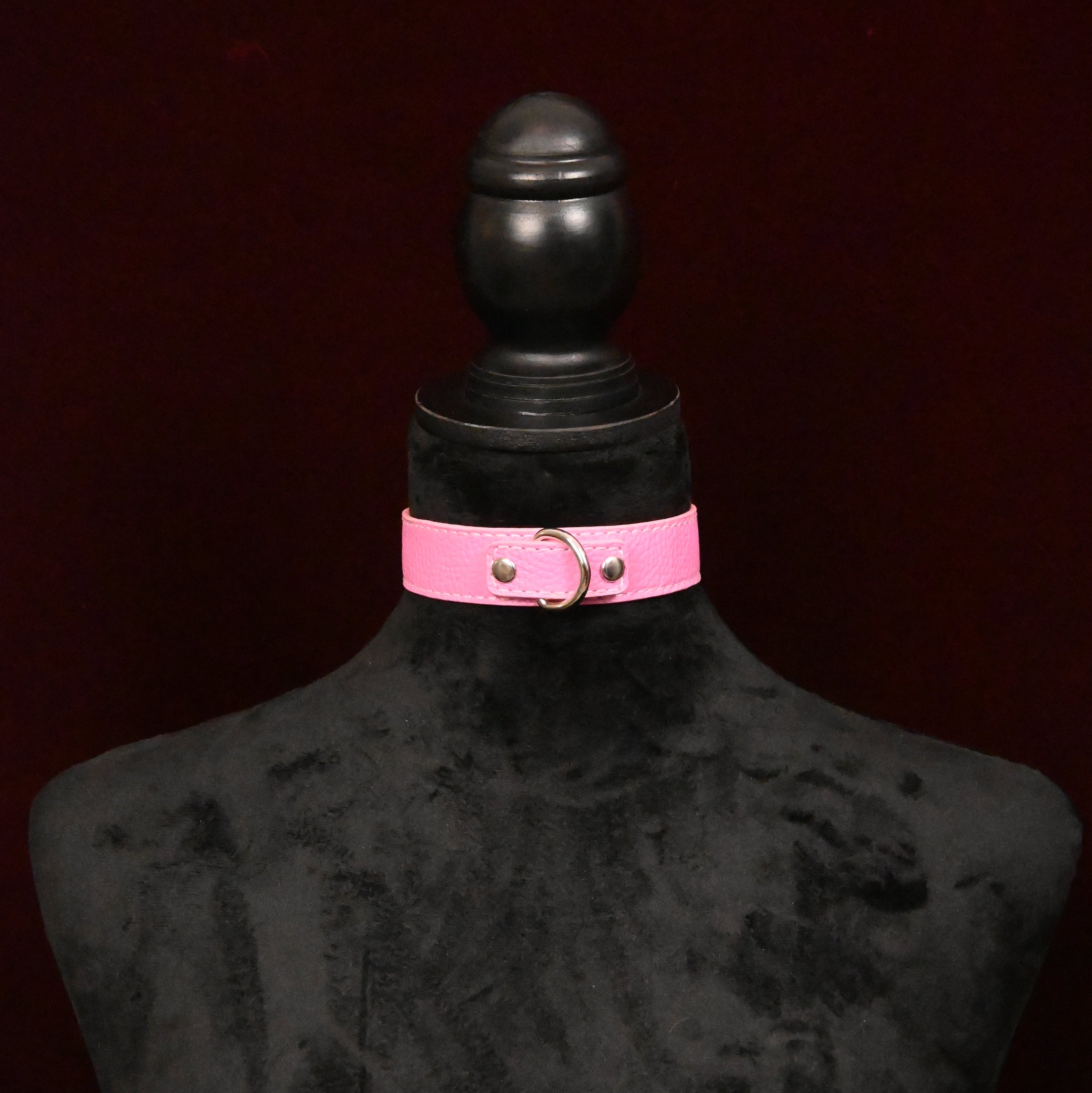 Pink collar with silver toned hardware on a dark background