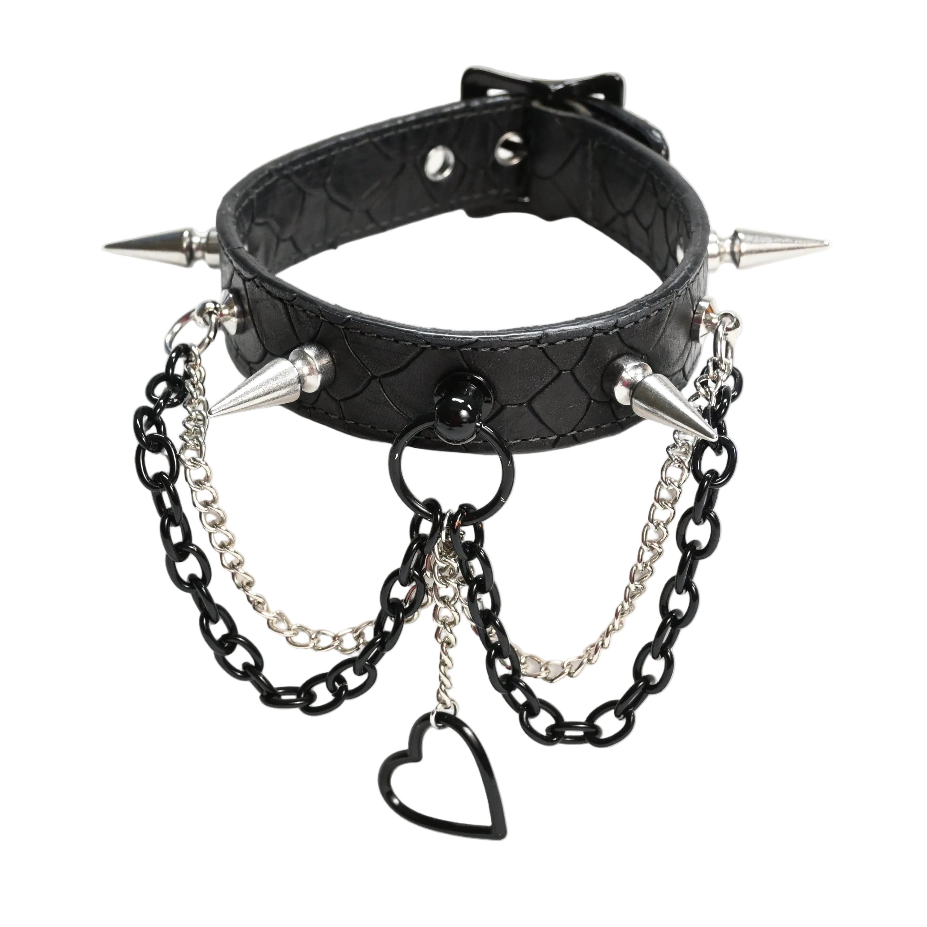 Black spiked collar with silver chains, spikes, and a heart-shaped charm, displayed on a white background.