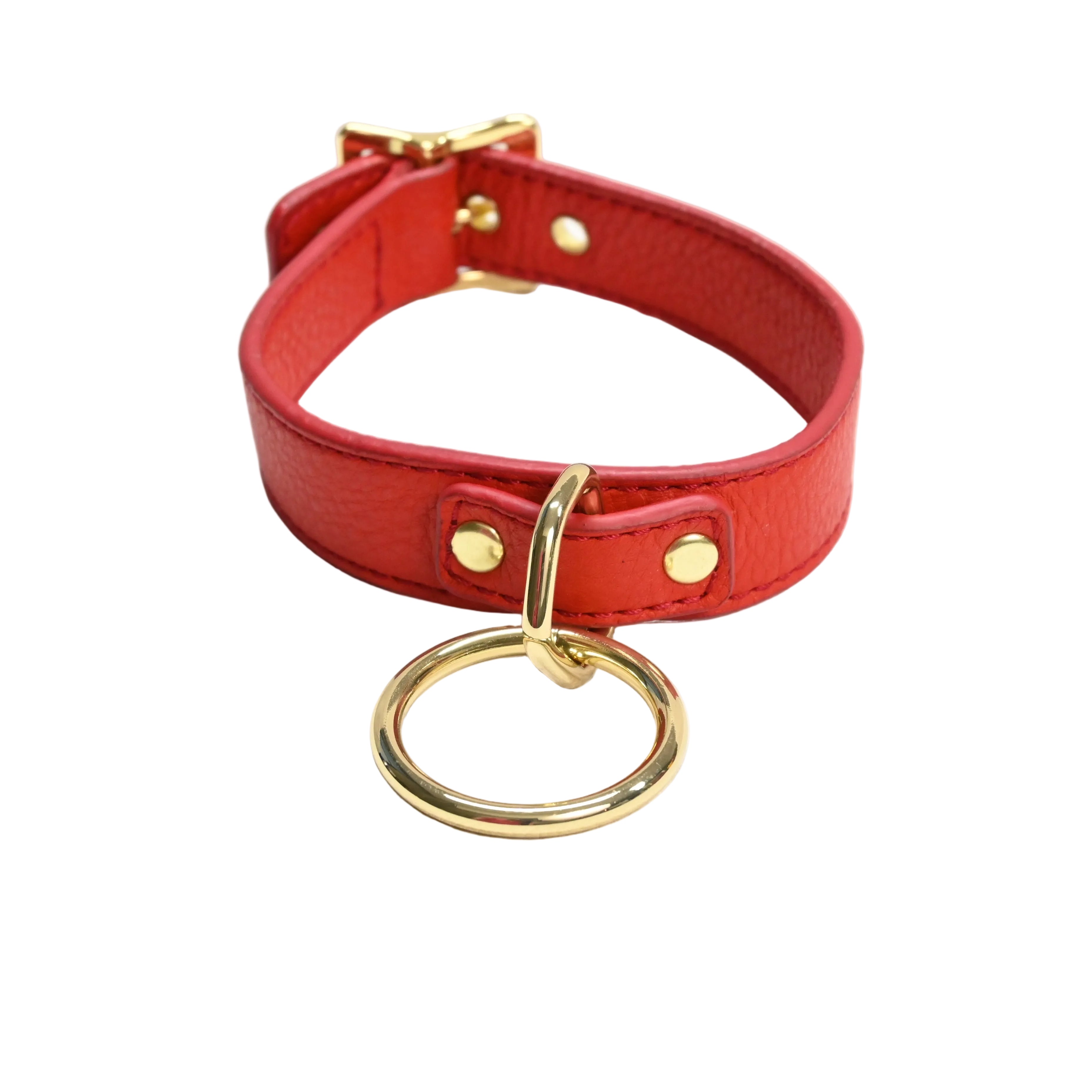 Leather Collar with O Ring - Red