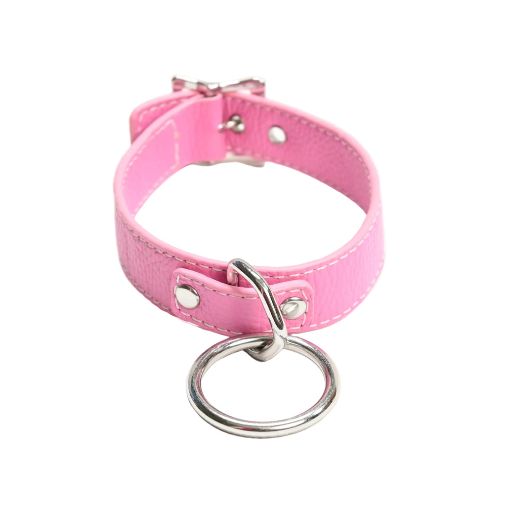 Leather Collar with O Ring - Pink