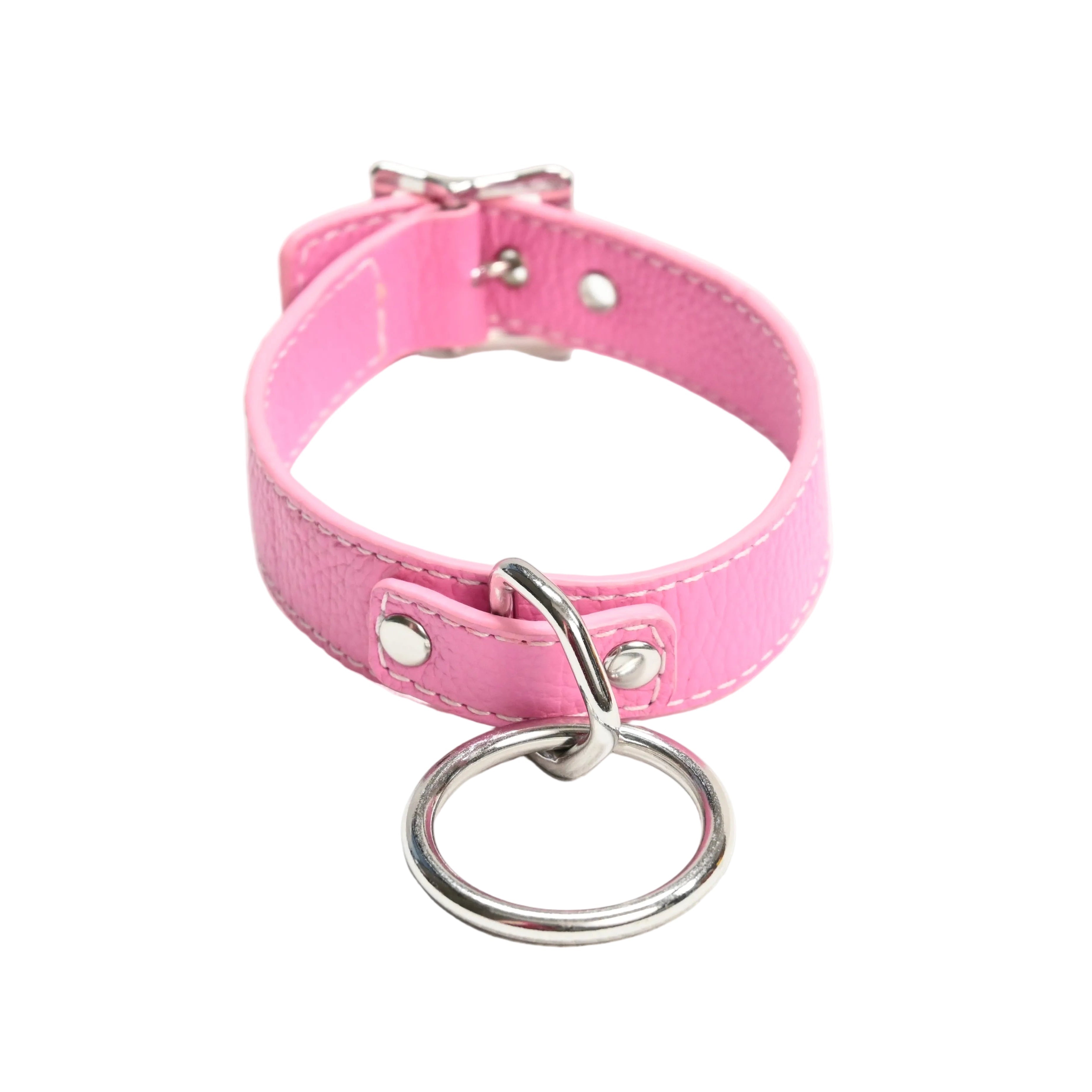 Leather Collar with O Ring - Pink