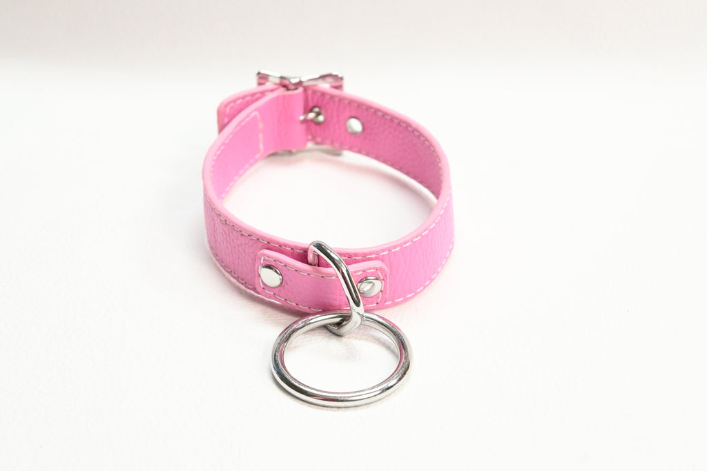 Leather Collar with O Ring - Pink