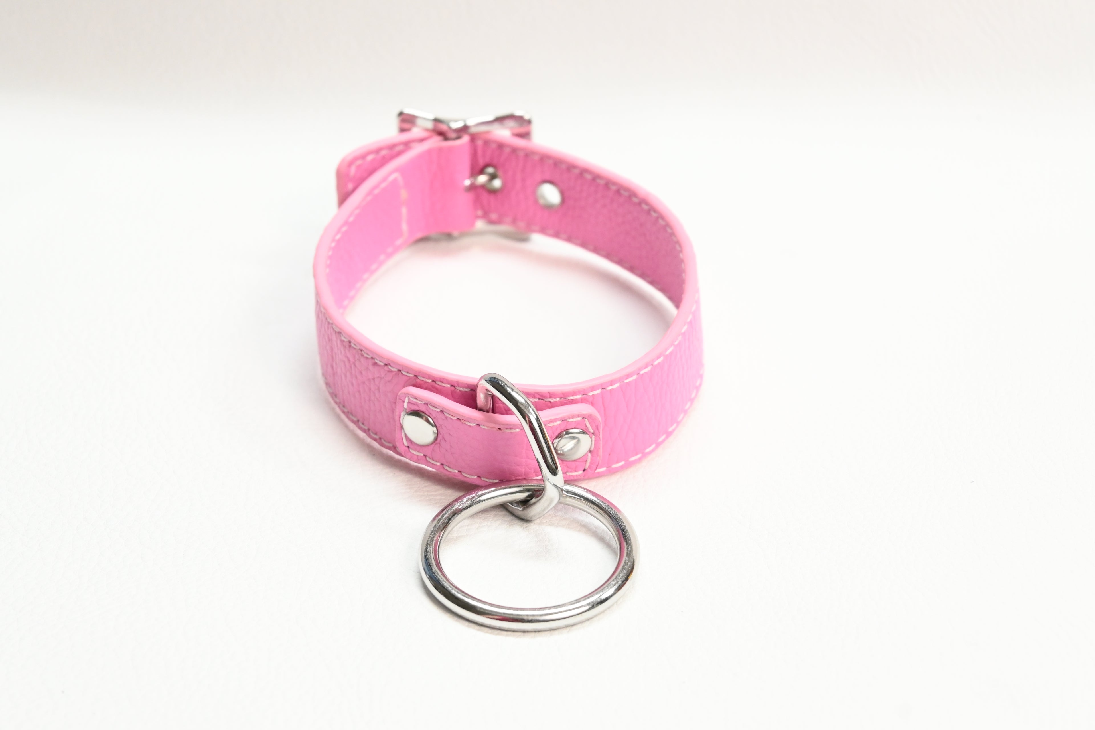 Leather Collar with O Ring - Pink
