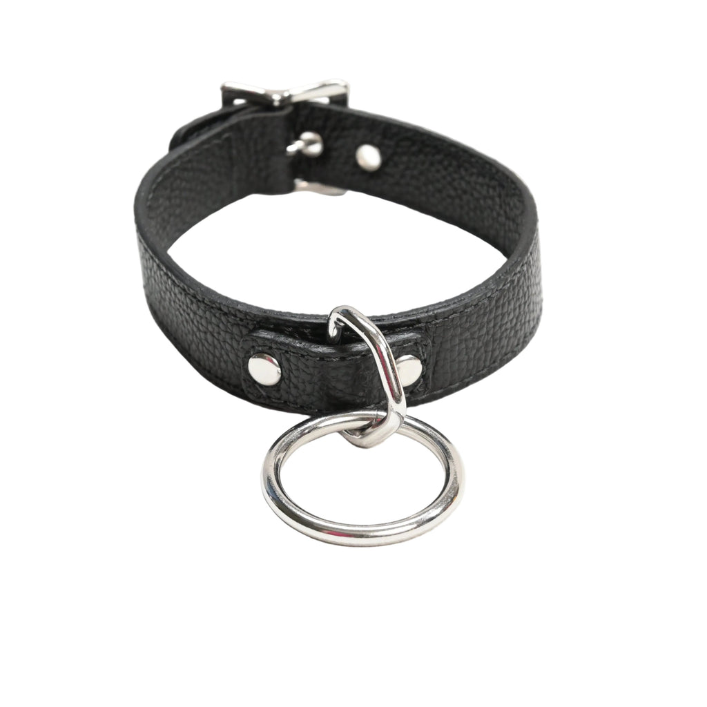 A black textured leather collar with silver-tone metal hardware, including a large O ring and rivets, shown on a plain white background.