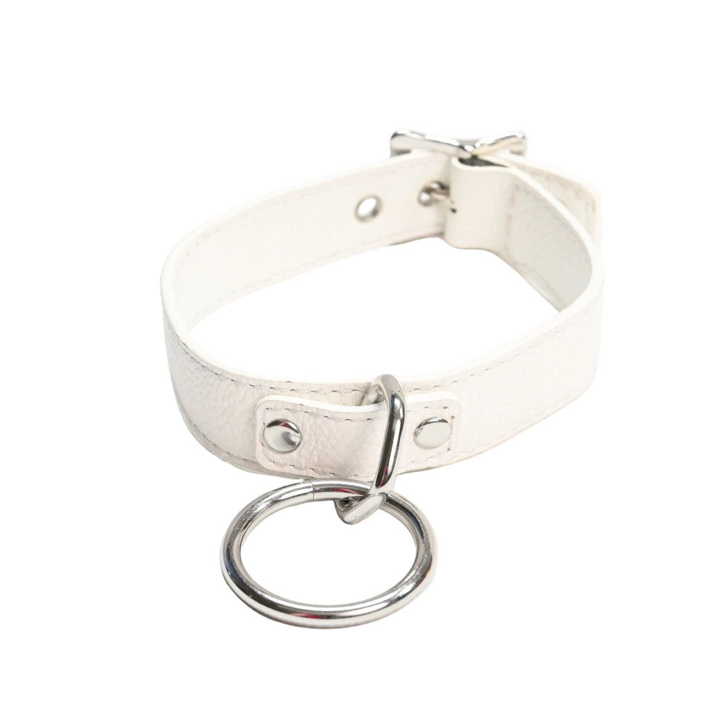 Leather Collar with O Ring - White