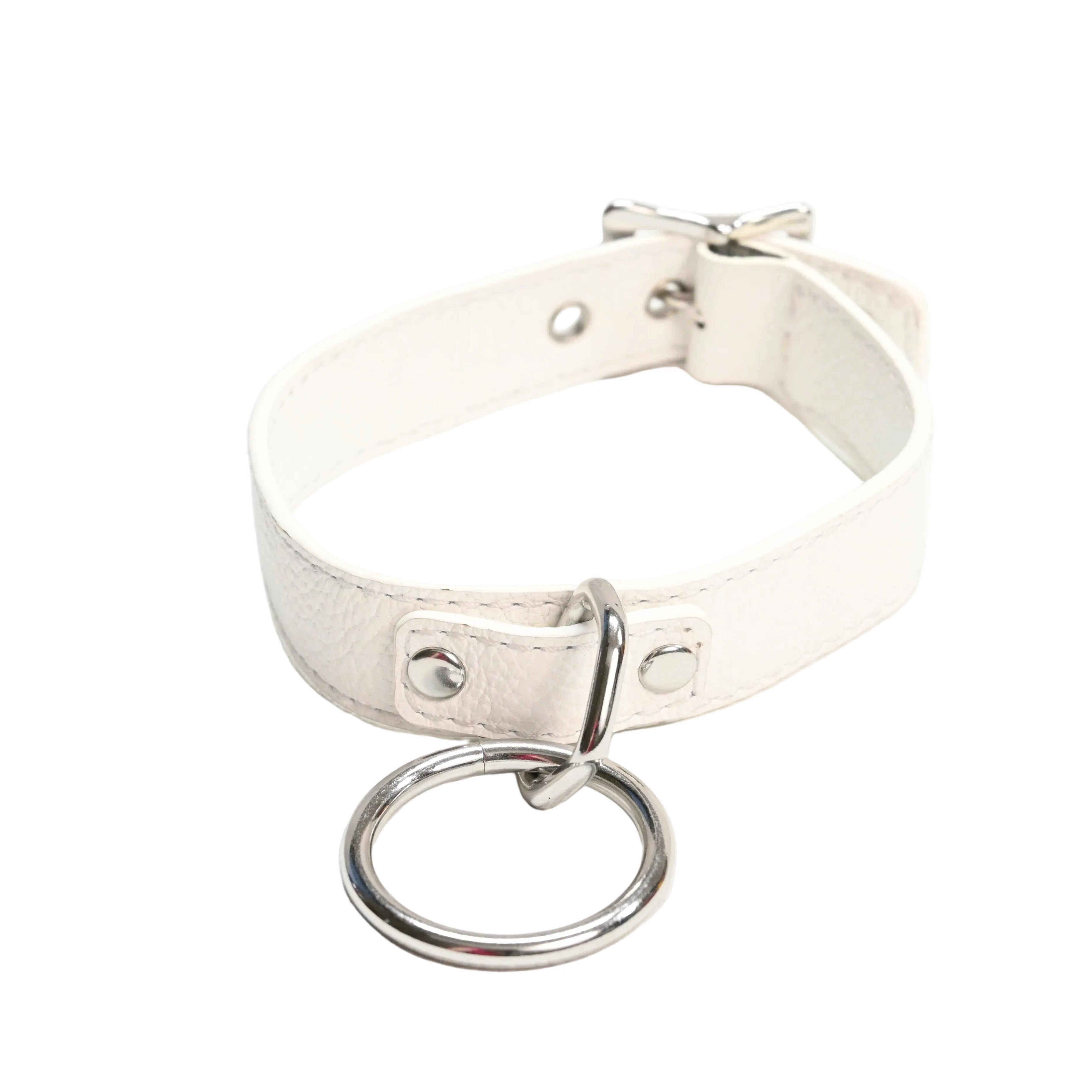 Leather Collar with O Ring - White