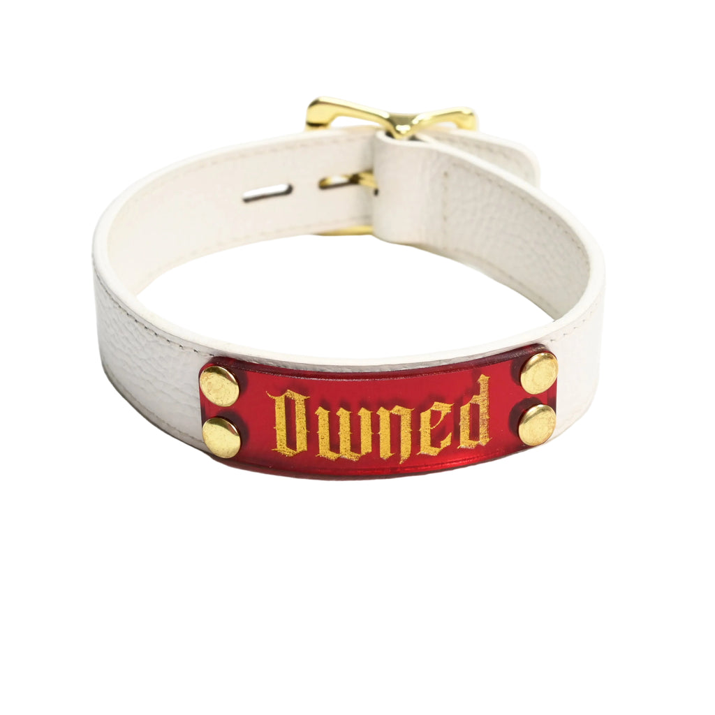 A white leather collar with a red nameplate featuring the word 'Owned' in gold lettering, accented by gold rivets and a gold buckle.