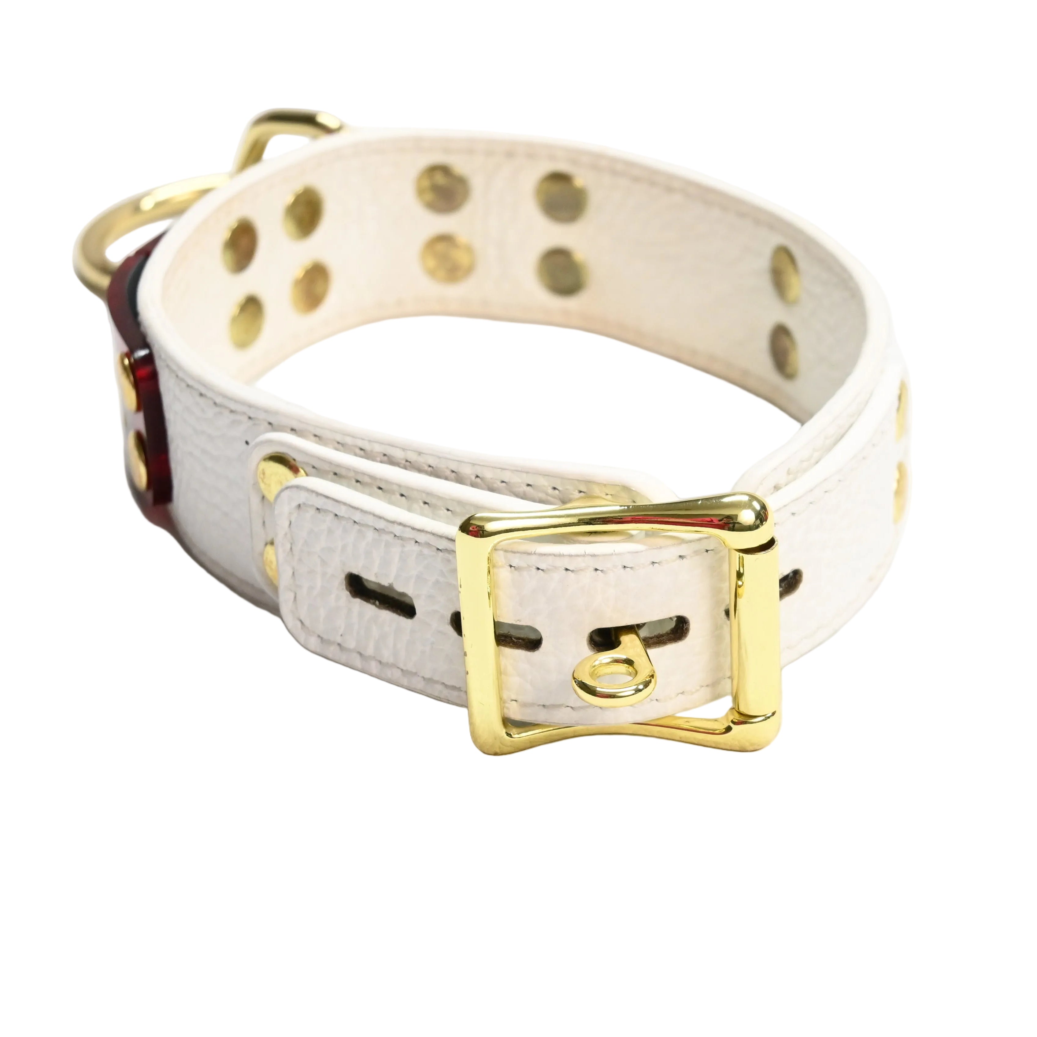 White leather collar with gold hardware on a white background.