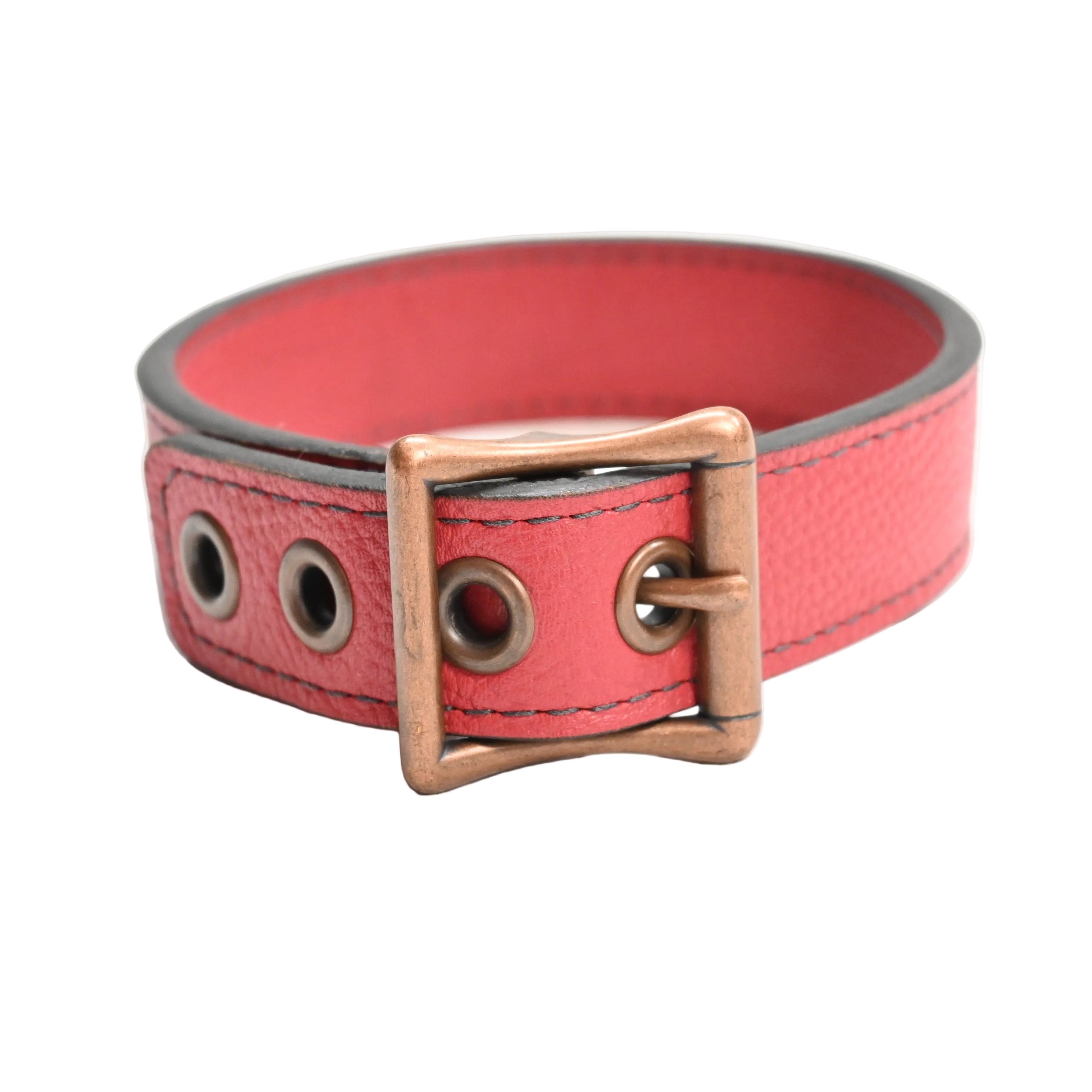 A red leather collar with a square antique copper colored  metal buckle and matching metal eyelets, shown on a plain white background.