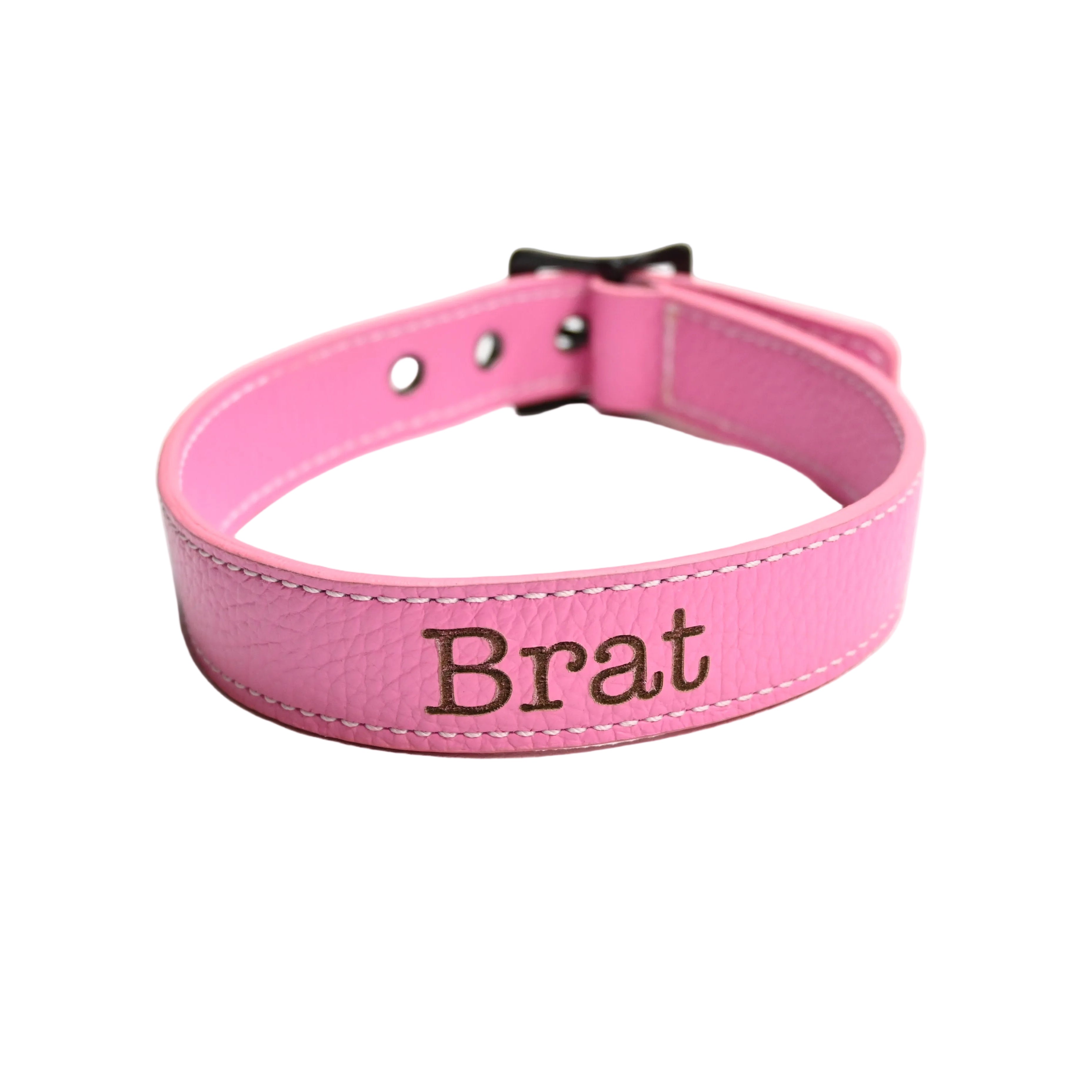 A pink leather collar with the name 'Brat' engraved in black on the front, shown on a plain white background.