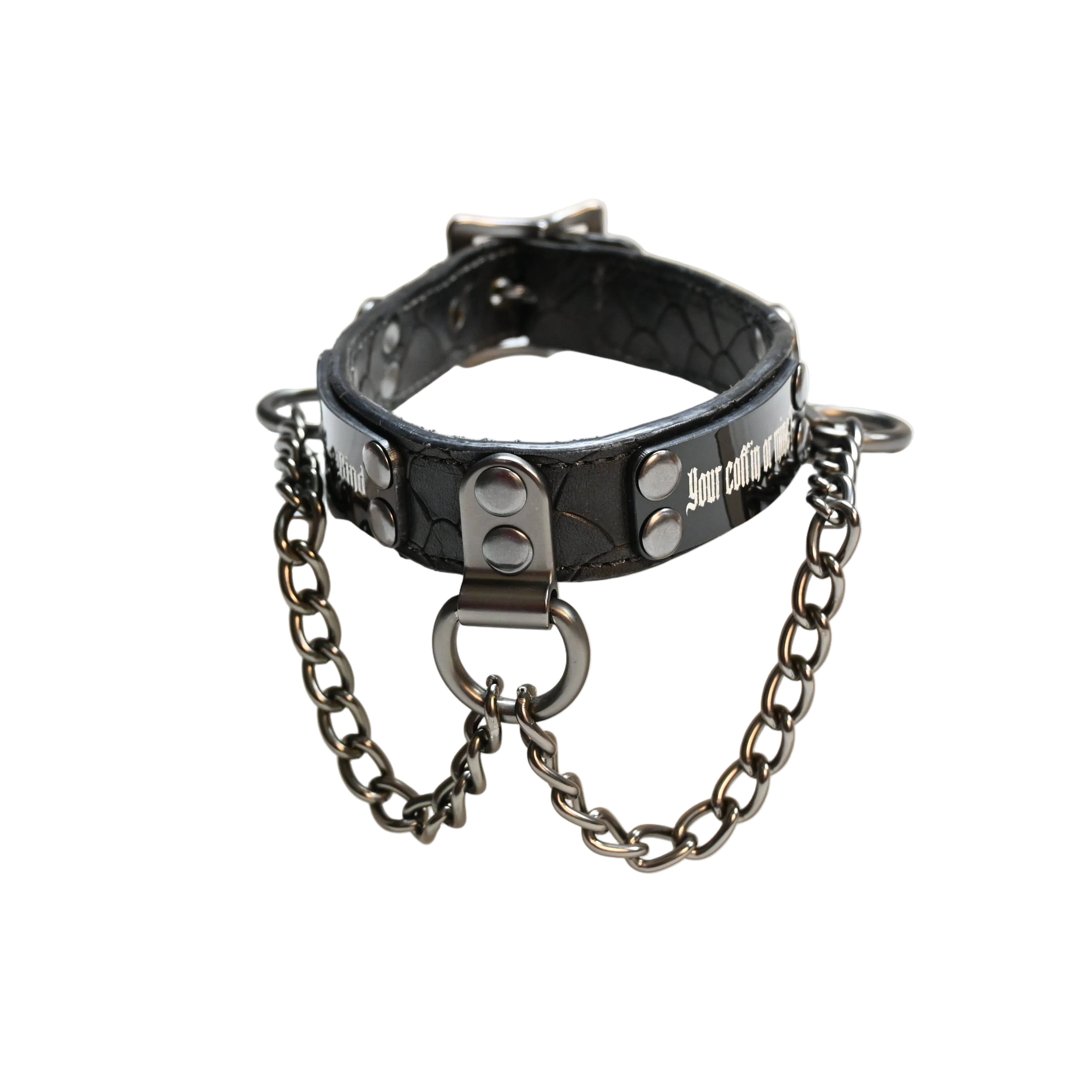 A black leather collar with silver-tone hardware, including a chain and D-ring, displayed on a white background.