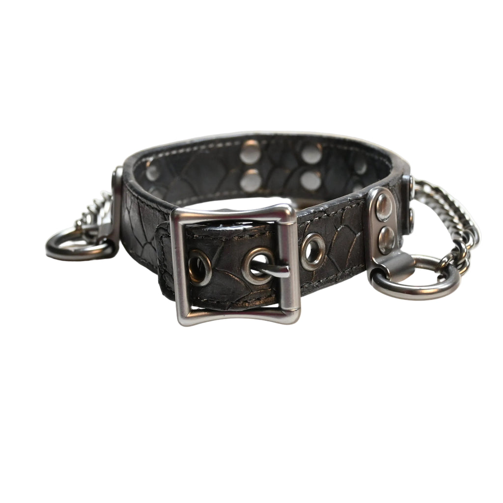 A black leather collar with silver hardware and a chain, displayed on a white background.