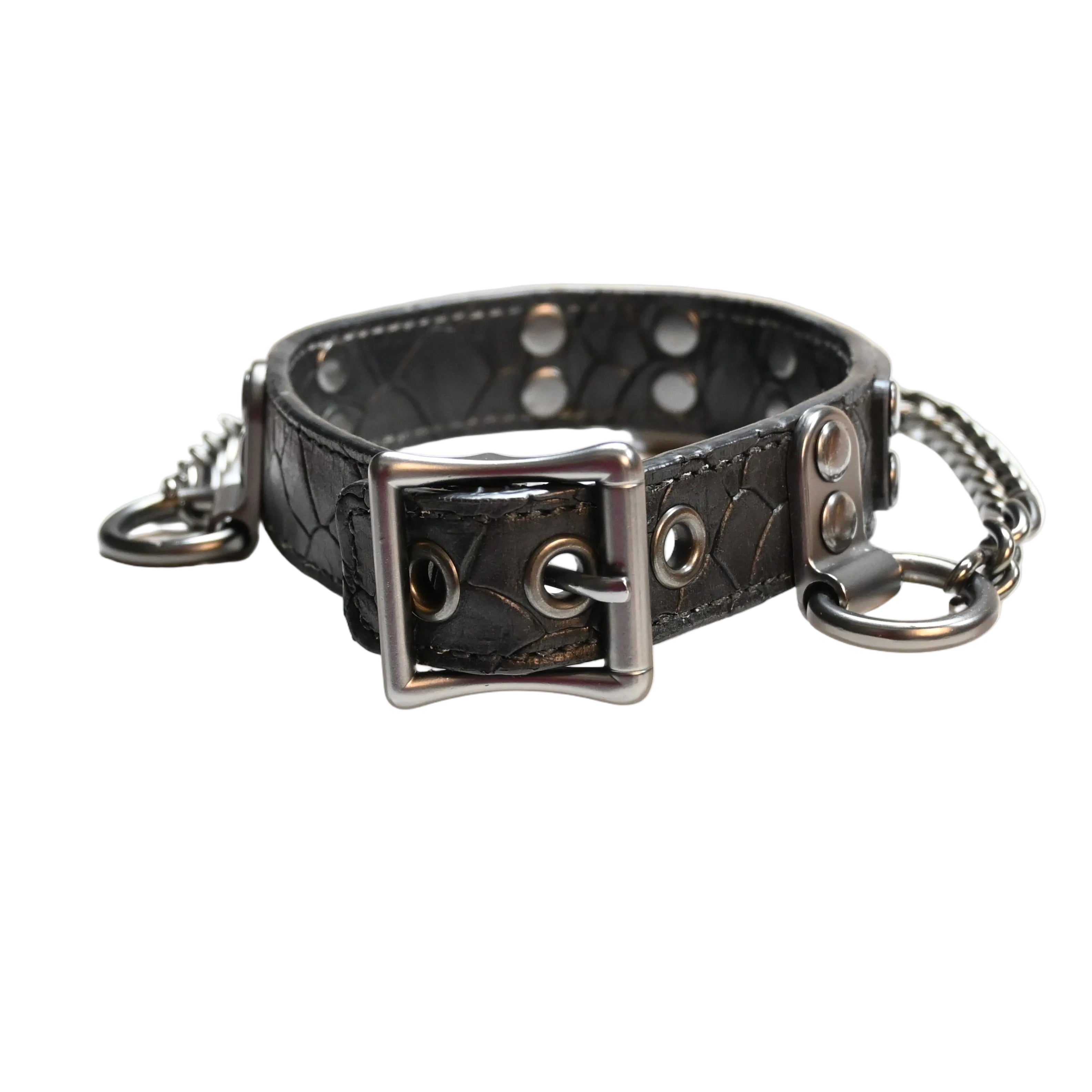 A black leather collar with silver hardware and a chain, displayed on a white background.