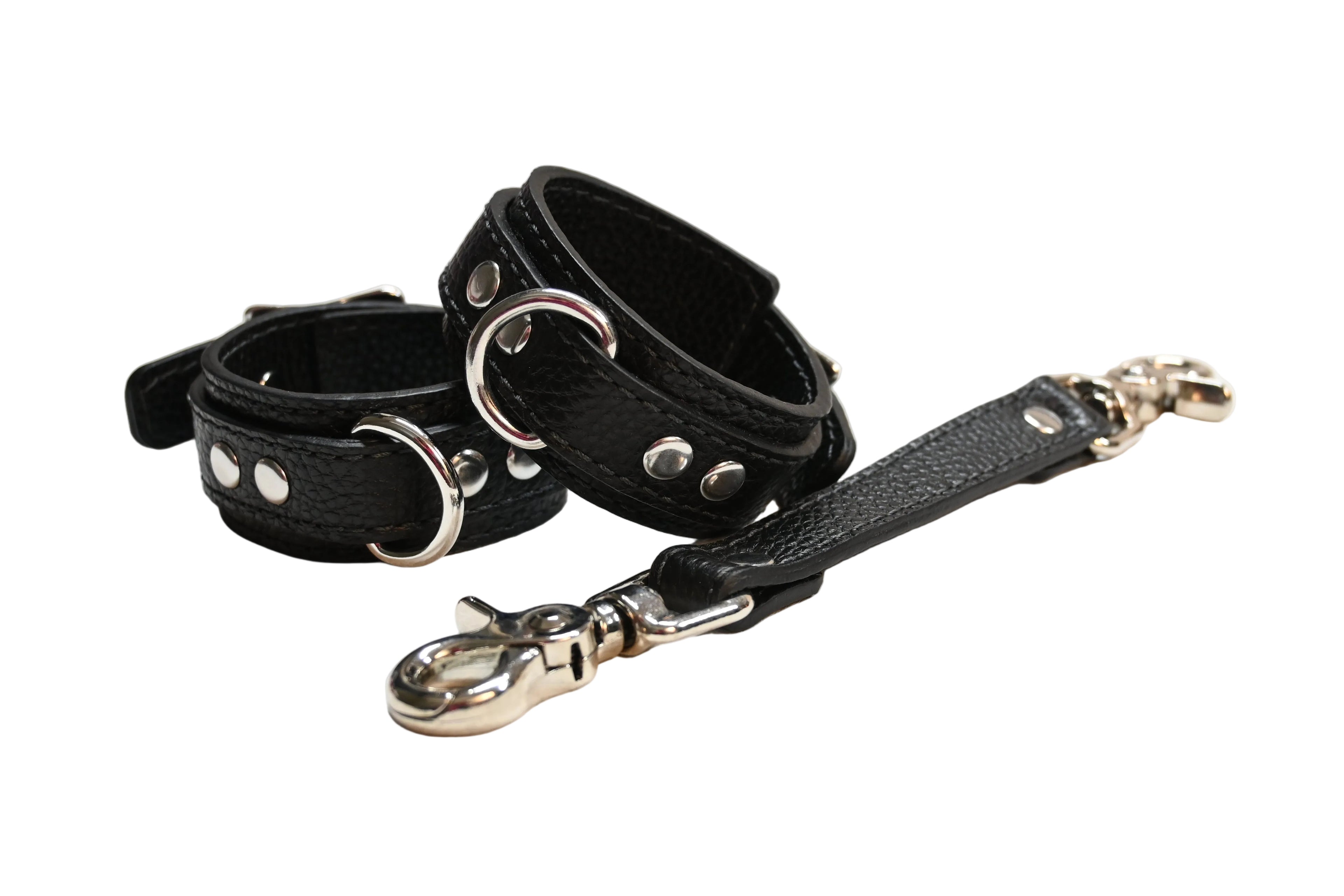 A black textured leather collar with silver-tone metal studs and D-rings, shown with its matching black leather link and silver snap hook clasp on a white background.