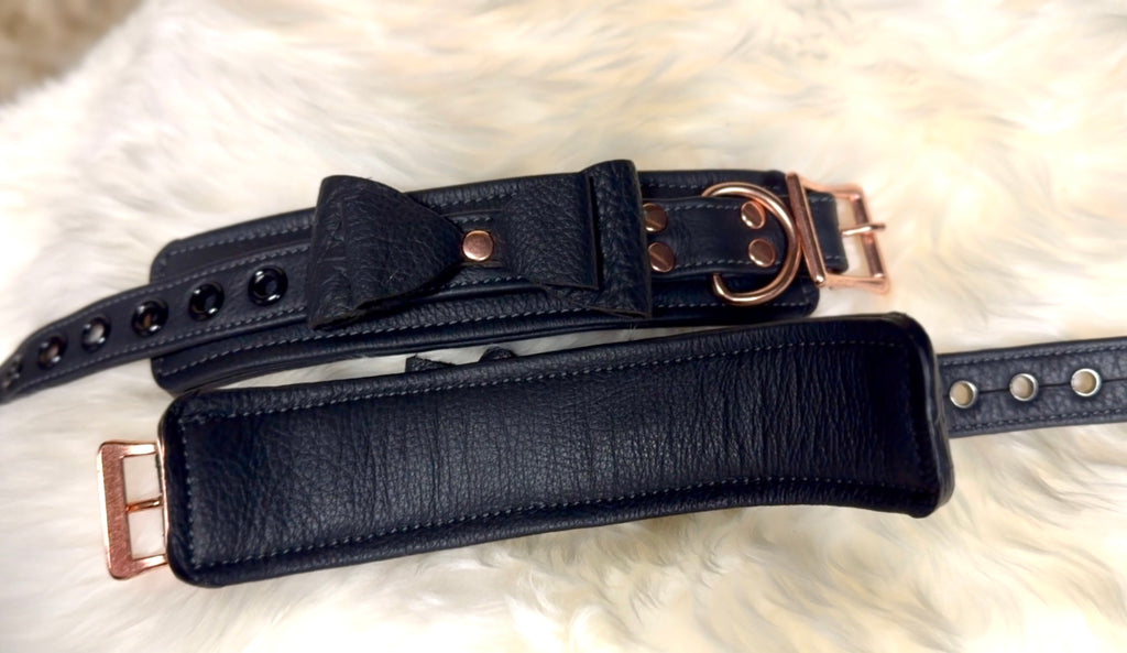Bow Sunridge Leather Cuffs - Black & Rose Gold