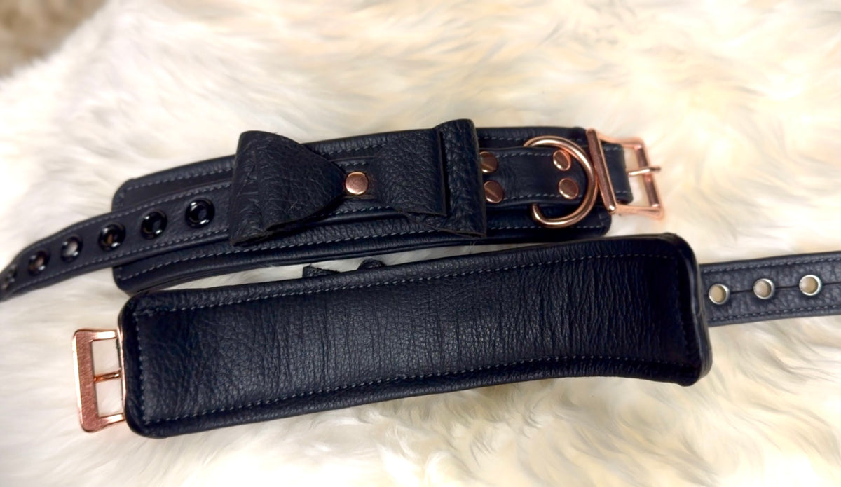 Bow Sunridge Leather Cuffs - Black & Rose Gold