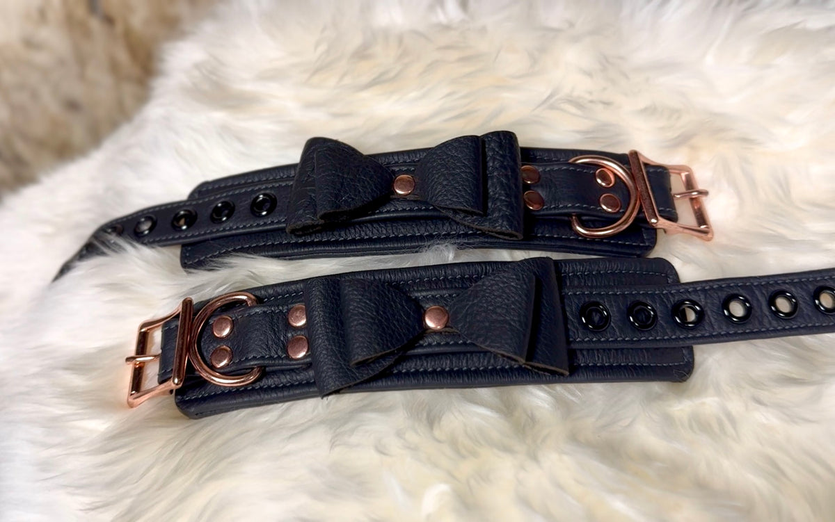 Bow Sunridge Leather Cuffs - Black & Rose Gold
