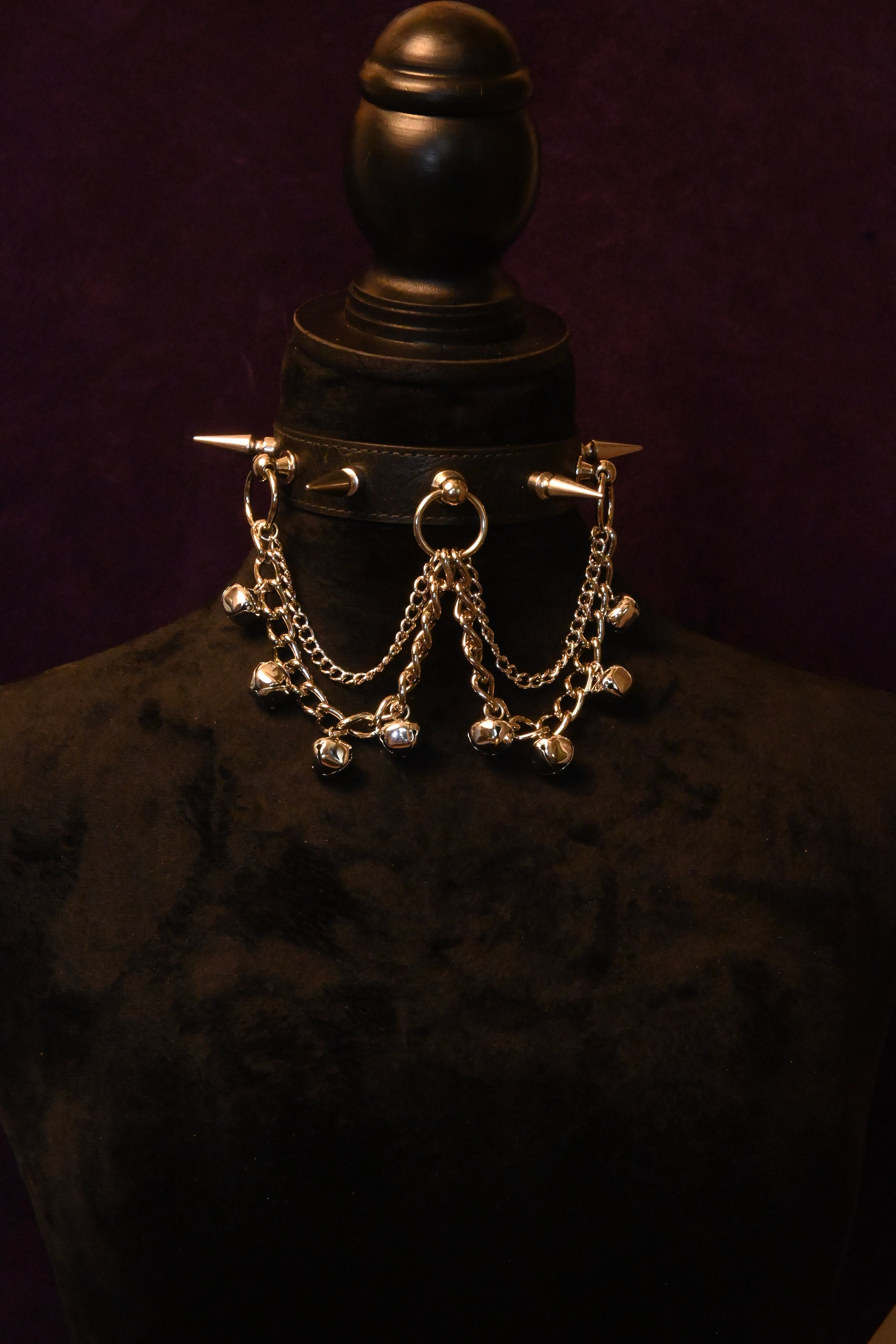 Black Leather Spikes and Bells Collar