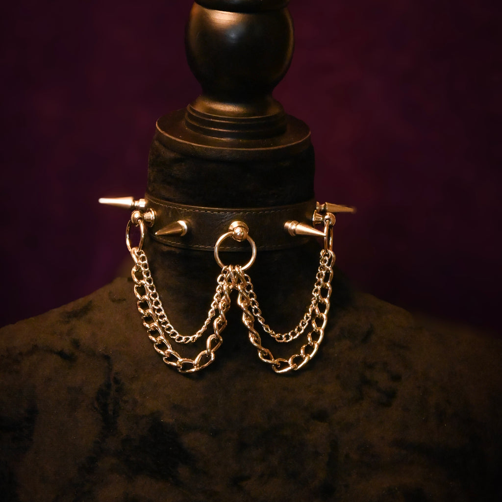 Black Leather Spikes and Chains Choker